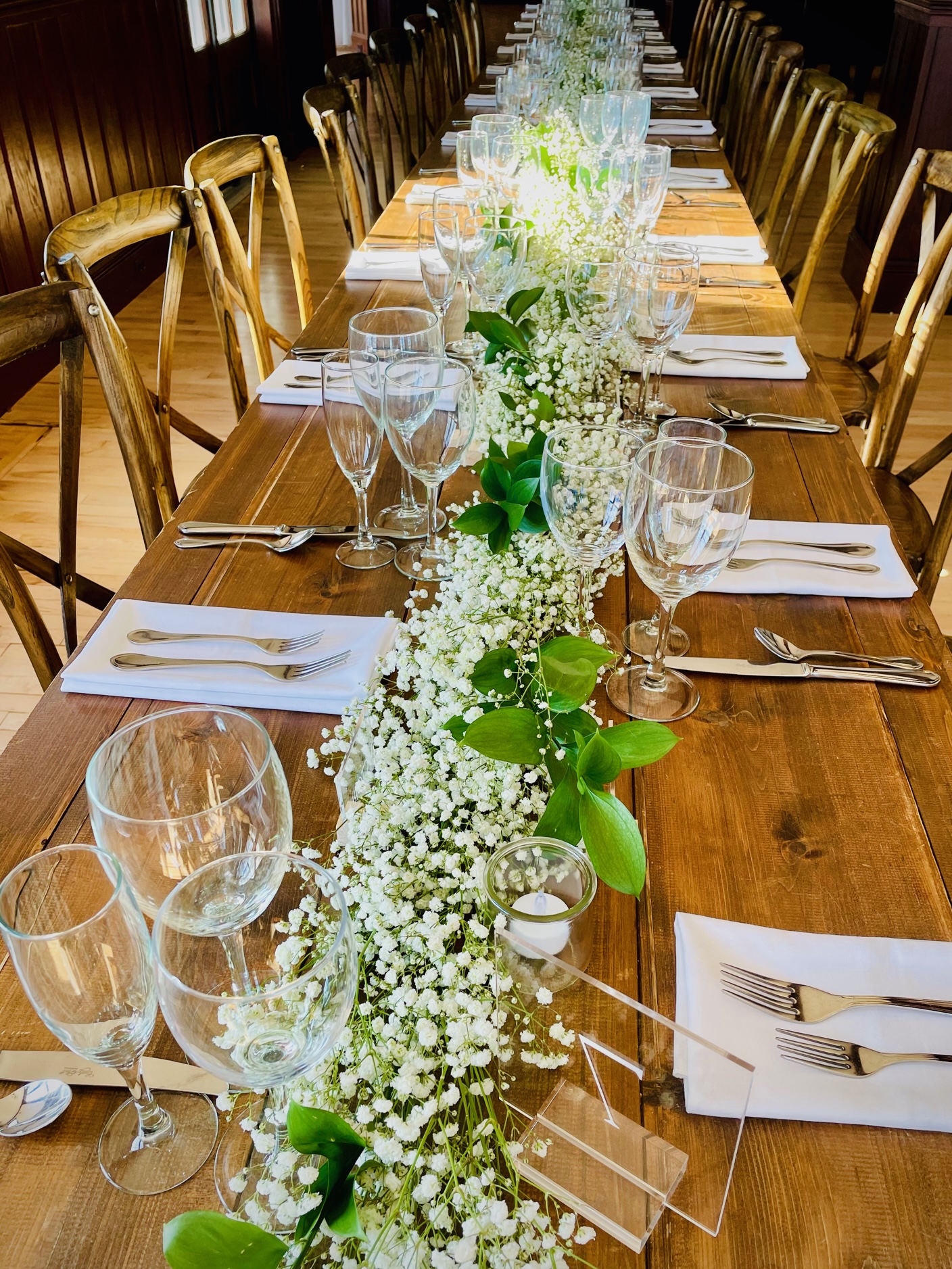 Wedding & Party Floral Trends for 2023 Gysophila Table Runner at French's Point, Maine